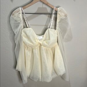 Mable Blouse Tulle Rhinestones Fairycore Princess Puff Top Whimsy Anthropologie